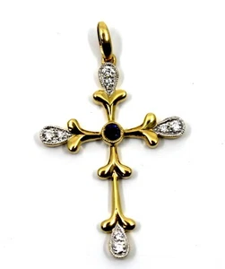 18k Solid Yellow Gold Natural Diamond & Lab Created Sapphire Cross Pendant - Picture 1 of 8