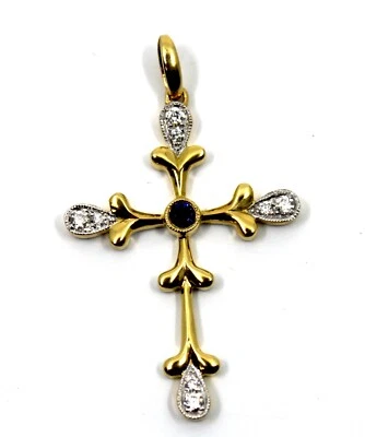 Natural Diamond & Lab Created Sapphire Cross Pendant in 18k Solid Yellow Gold - Image 1 of 4