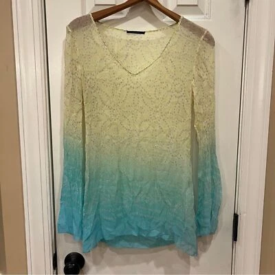 Blusa Elie Tahari 100% Seda Manga Larga Azul Verde Ombré Top Pequeña Sirena Hada Foto 1 de 4