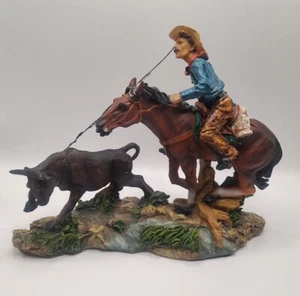 Sculpture Figure Western Cowboy Riding Horse Roping Cow / Bull - Picture 1 of 7