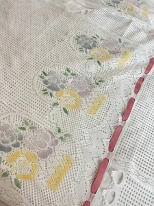 9 Pc Vintage White Lace Cafe Curtain And Valance Fruit Basket And Pink Ribbons - Picture 1 of 12