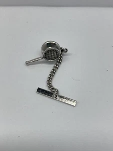 VINTAGE TENNIS RACKET TIE TACK PEWTER STYLE TIE PIN CHAIN BACK FORMAL WEAR - Picture 1 of 1