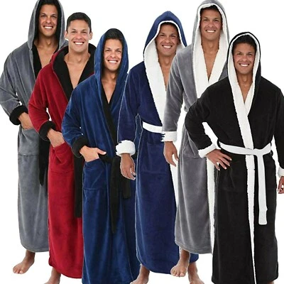 Luxury Long Bath Robe Dressing Gown Hooded Mens Womens Fluffy Fleece Bathrobe - Image 1 of 4
