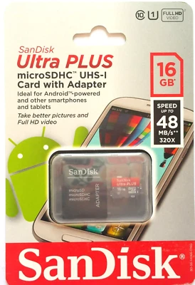 Sandisk Ultra Plus Class 10 16GB 48MB/S 320 X microSDHC uhs-1 card + adapter NEW - Image 1 of 3