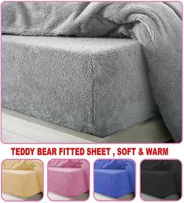 BLUEMOON BEDDING Teddy Bear Fleece Fitted Sheet Extra Deep Warm Cosy Bed Sheet Single Double King
