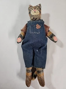 Handmade Folk Art Anthropomorphic Doll 12” Hand Painted Striped Cat Clothed Doll - Picture 1 of 11