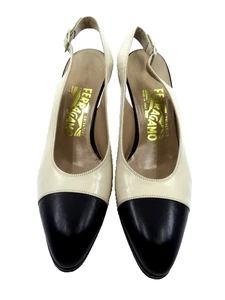 Gebrauchte Ferragamo beige & schwarz Leder Cap Toe Slingback Pump, Größe 8AA - Bild 1 von 6