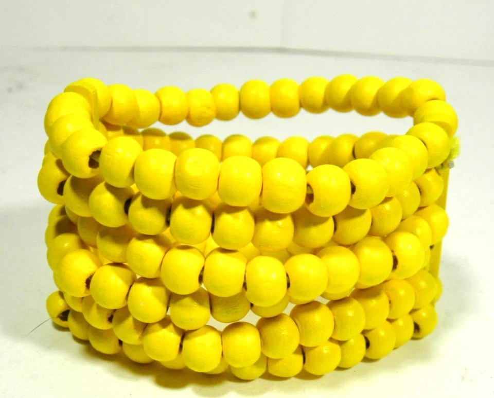 Pulsera elástica con cuentas amarillas madera apilada cuentas redondas 6 filas boho ancho Foto 1 de 4