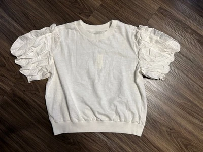 Maeve White Short Sleeve Ruffled Puff Sleeve T-Shirt Top Cotton Minimalist - Image 1 of 4
