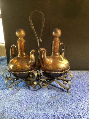 Vintage Mediterranean Amber Color Oil & Vinegar Metal Art Spain Glass Bottles Se - Image 1 of 4