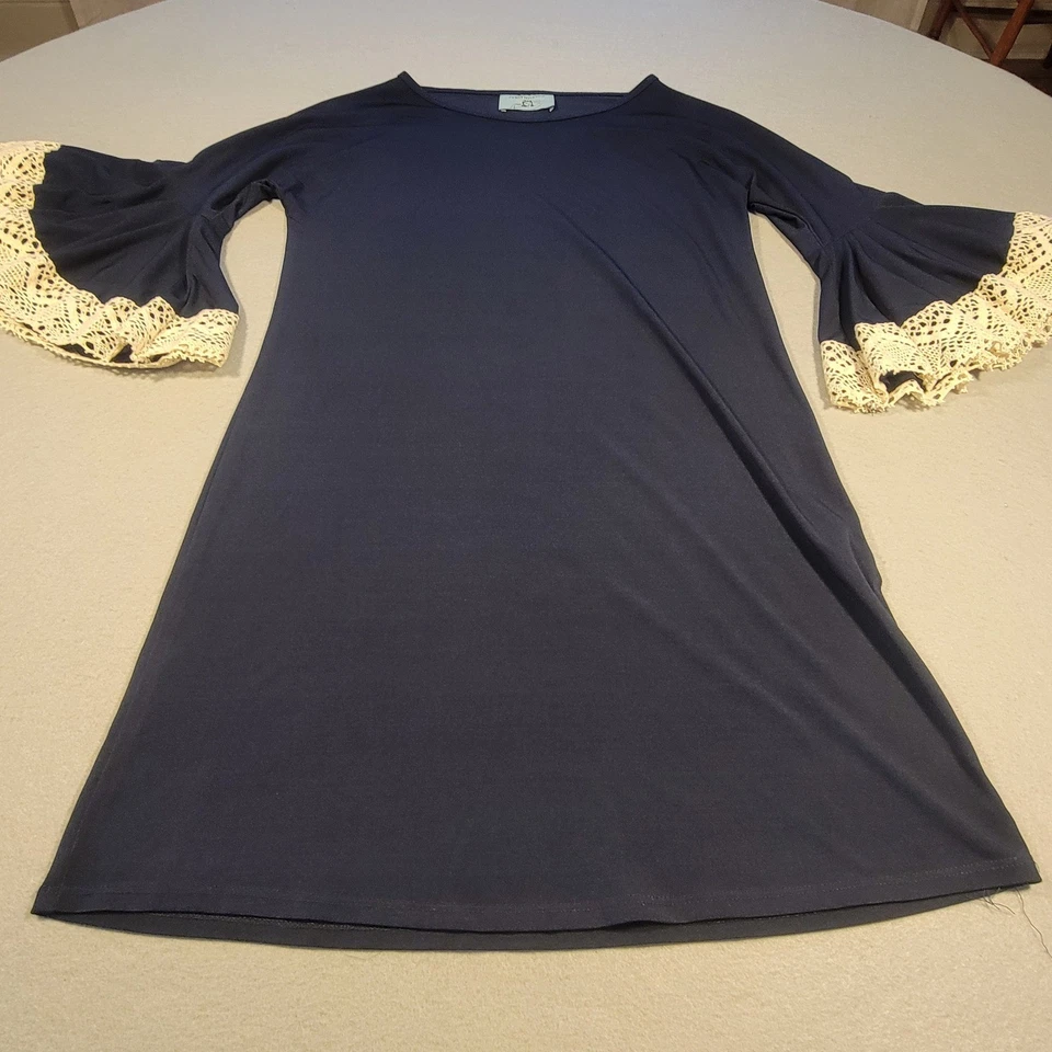 Judith March Dress Bell Sleeve Crochet Trim Shift Knit Women's Large Navy Cream - Image 1 of 4