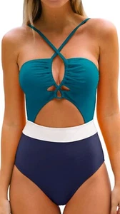 Women Ladies 1 Piece Multicolor Neckline Cutout Bathing Suit Swimsuit Size L NEW - Picture 1 of 3