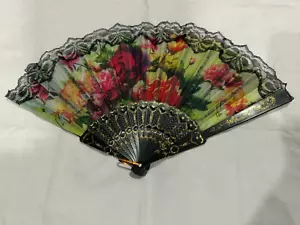 Folding Hand Fan Black Lace Multi Flower Color Design open size 16.5x9" - Picture 1 of 1