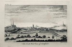 c1764 STAFFORDSHIRE Antique City Print STH WEST VIEW OF LICHFIELD by John Ryland - Picture 1 of 3