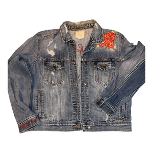American Eagle Denim Jacket Womens Button Down Distressed Embroidered Size M - Picture 1 of 9