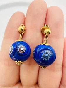 Gold plated Italian millefiori Murano blue art glass Earrings - Picture 1 of 5