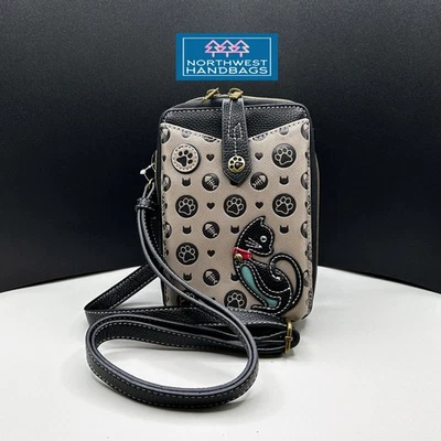 BLACK CAT PAW SNAP CROSSBODY PURSE WARM GRAY RFID CHALA - Image 1 of 4