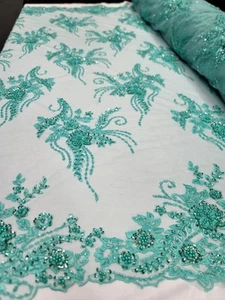 Aqua Mint Beaded Floral Lace Fabric for Bridal Dresses Sold by Yard Embroidery - Picture 1 of 13