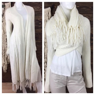 BCBGMAXAZRIA White Cable Knit Fringe Cardigan Shawl Wrap Vest XS S Cottagecore - Image 1 of 4