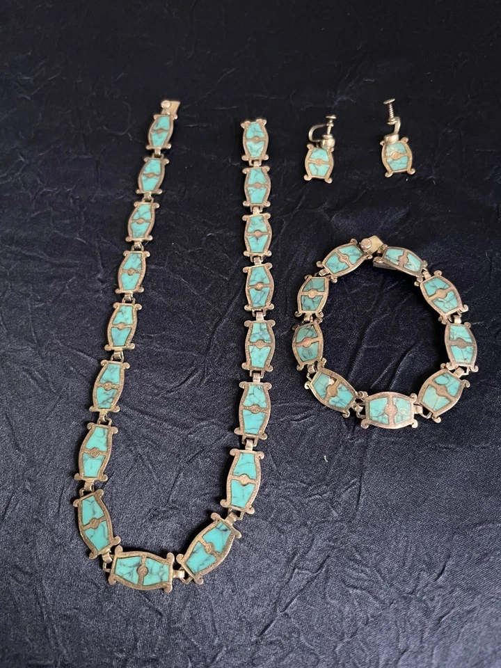 VTG Taxco 950 Sterling Silver Turquoise Necklace Bracelet & Earrings Set Mexico - Image 1 of 4