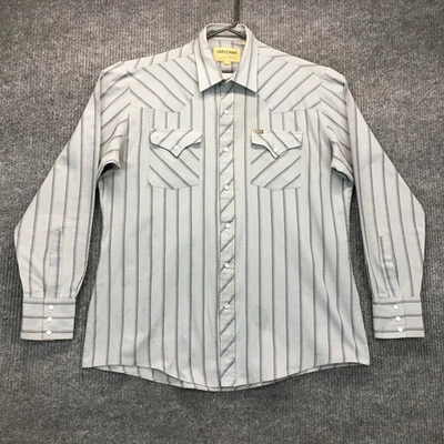 Camisa Vaquera De Colección Ely Cattleman Para Hombres Grande L Gris Rayas A Presión Bolsillos con Solapa Foto 1 de 4