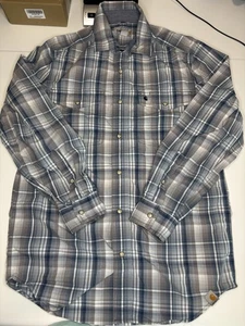 Carhartt Blue Plaid Shirt Snap Front Mens Size S Relaxed Fit Pockets Lightweight - Picture 1 of 12