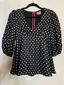 Kate Spade Harmony Polka Dot Silk Cloque Top Sz 0 XS Black White Balloon Sleeve - Picture 1 of 10