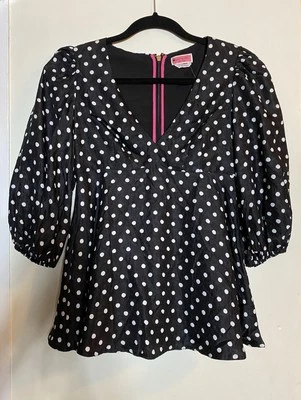 Blusa Kate Spade Harmony bolinhas seda cloque tamanho 0 XS preta branca manga balão - Imagem 1 de 4