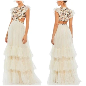 Mac Duggal NWT Embroidered Bodice Cap Sleeve Ruffle Tiered Gown Size 12 Beaded - Picture 1 of 8