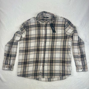 NOVA MEN XXL Plaid Flannel Button-Up Shirt Long Sleeve Beige Red Black NWT - Picture 1 of 6