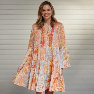 Sweet Magnolia 100% Cotton Orange Gray Yellow Floral Mirror Sun Dress Size M - Picture 1 of 11