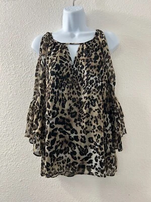 iZ Byer 3/4 Open Ruffle Sleeve Sheer Leopard Blouse Key Hole Neck Size S MobWife - Image 1 of 4