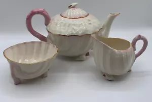 Belleek Set da tè rosa conchiglia di Nettuno zuccheriera e crema bordo oro 4 pezzi - Foto 1 di 22