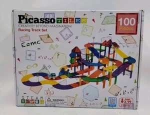 NEW Picasso Tiles 100 Pcs Race Car Track Set Magnetic Toy Building w/2 Led Cars - Picture 1 of 6