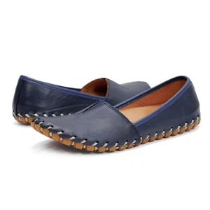 Women Spring Step Kathaleta Navy Blue Leather Loafer Arch Support Comfort Flats - Picture 1 of 6
