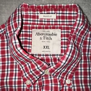 Abercrombie & Fitch Muscle Shirt Long Sleeve Cotton Red White Check XXL - Picture 1 of 6