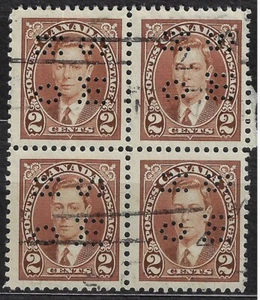 CANADA Scott O232- BLK of 4 - 2¢ BROWN  OHMS Perfin - Picture 1 of 1