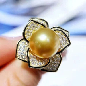 New AAAA 9-10mm Genuine Natural South Sea Golden Stud Pearl Ring 925s - Picture 1 of 3