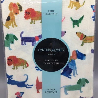Cynthia Rowley Watercolor Dog Outdoor Tablecloth Turquoise Blue Purple Pink 70" - Image 1 of 4