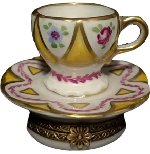 Limoges Floral Tea Cup & Saucer Trinket Box By Parry Vielle ~Peint Main France - Picture 1 of 11