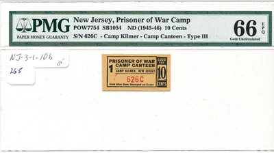 USA WWII POW Camp Chits NJ-3-1-10b 10 Cents Kilmer, NJ Prisoner of War PMG66EPQ - Image 1 of 2