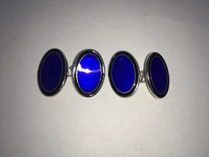 VNTAGE 925 SILVER&GUILLOCHE ROYAL BLUE&BLACK BORDER OVAL ENAMEL GENTS CUFFLINKS - Picture 1 of 3