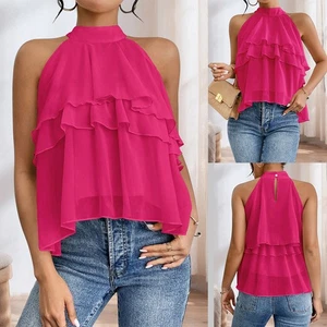 Women Halter Neck Sleeveless Chiffon Ruffle Tops Ladies Beach Vest Tank Tee Tops - Picture 1 of 21
