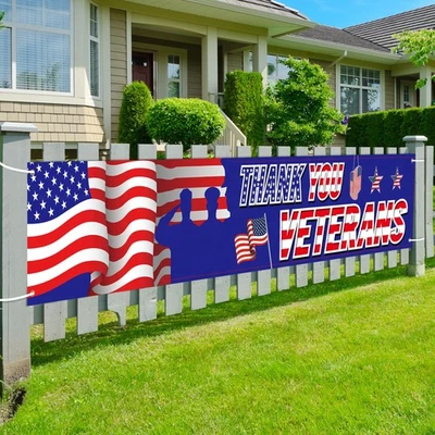 Fovths Thank You Veterans Banner Large 120 x 20 Inches American Patriotic Fla... - Image 1 of 4