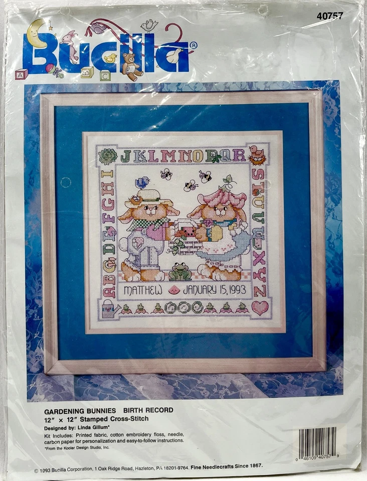 Nuevo kit de punto de cruz estampado Bucilla Gardening Bunnies 40757 1993 12x12 17172 Foto 1 de 2