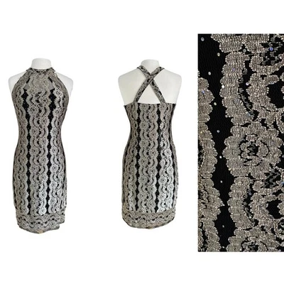 Vestido De Colección Joseph Ripkoff Negro Dorado Encaje Lentejuelas Encaje Adornado Hasta la Rodilla 6 Foto 1 de 4