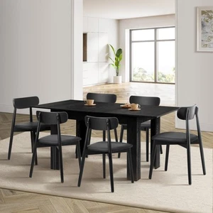 Oikiture 160cm Extendable Dining Table with 6x Dining Chairs PU Leather Black - Picture 1 of 10