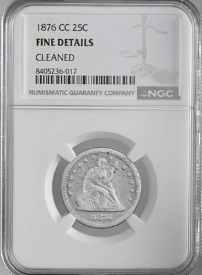 Cuarto libertad sentada 1876-CC 25C NGC DETALLES FINOS "LIMPIADO" #8405236-017 Foto 1 de 4