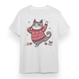 Women's T-shirt with Holiday Cat Graphic Unisex White 100% Cotton Tee Shirt USA - Picture 1 of 6