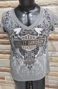 Harley-Davidson Women’s Gray Studded V-Neck Biker T-Shirt Size Large - Picture 1 of 11